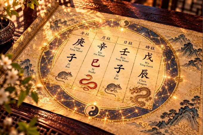 Hand-painted BaZi birth chart scroll