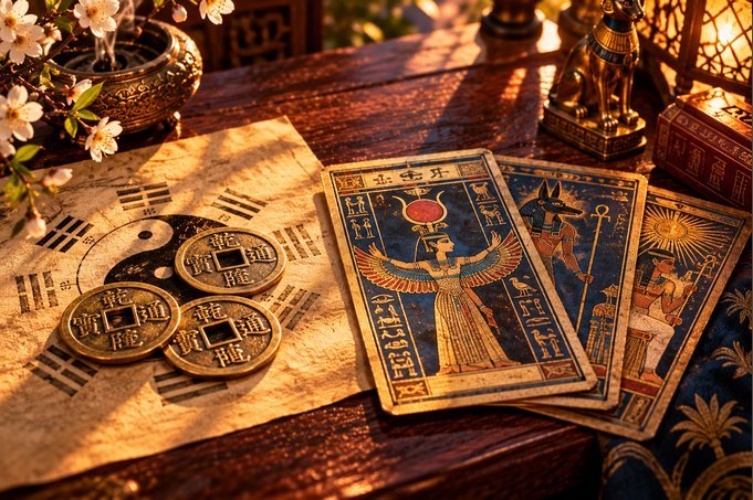 I Ching coins and oracle tarot cards